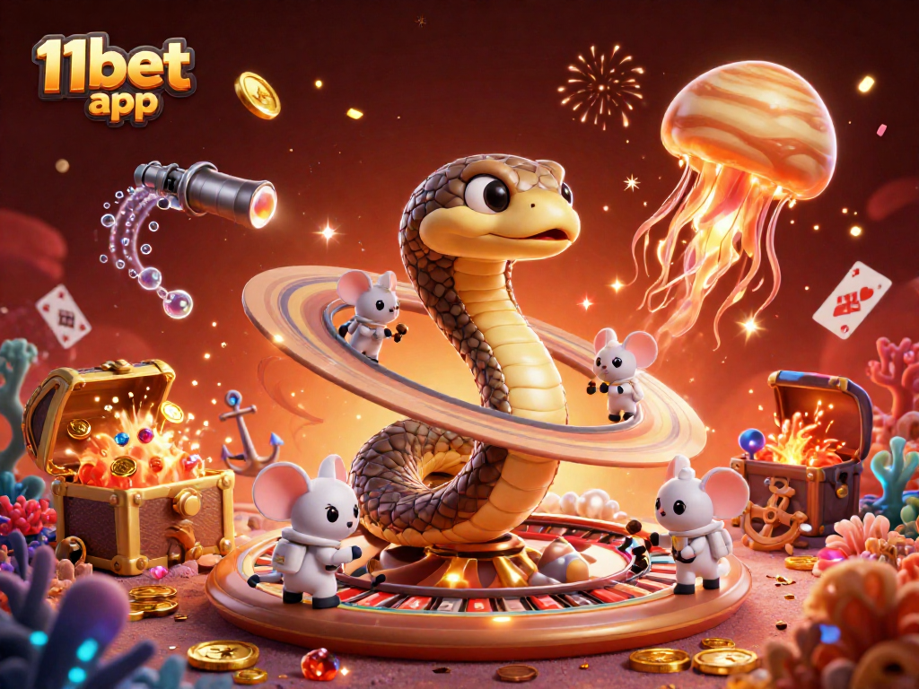 Experience the thrilling 11bet app with cosmic characters betting on a roulette wheel in a vibrant casino scene.