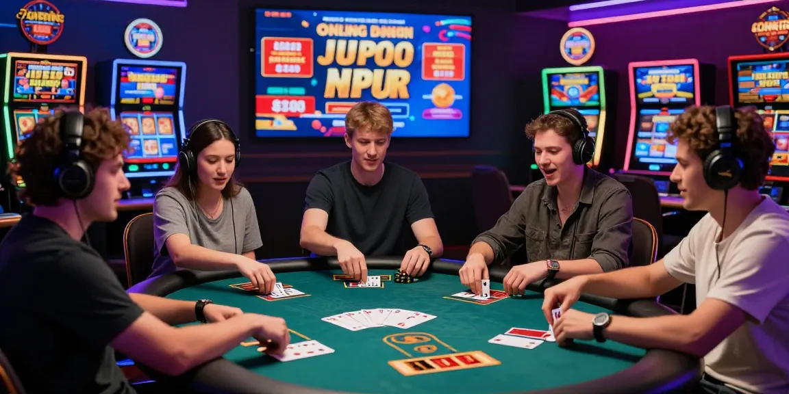 Engaged players at a virtual casino table enjoying australian online casinos with vibrant slot machine graphics.