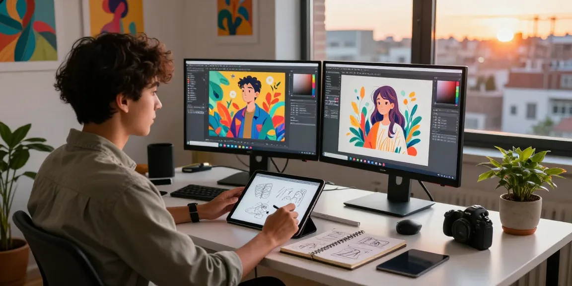 Creative workspace showcasing vibrant 18+ ai illustrations and digital art tools.