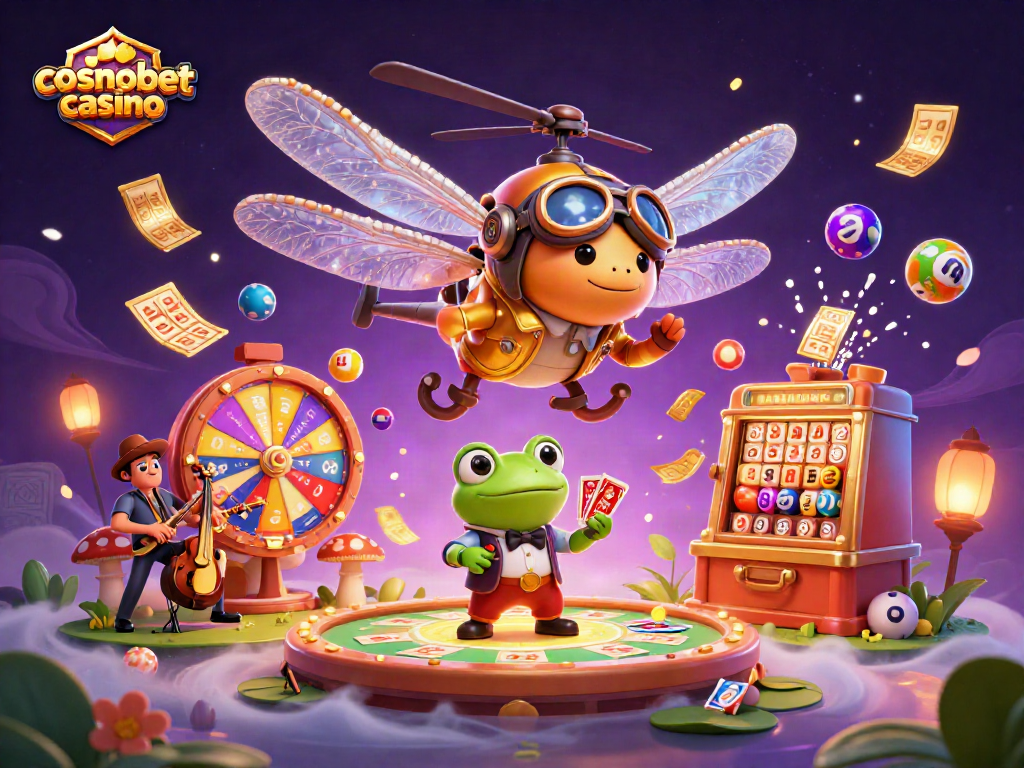Experience the thrill of cosmobet casino with a vibrant dragonfly pilot and frog croupier in action.