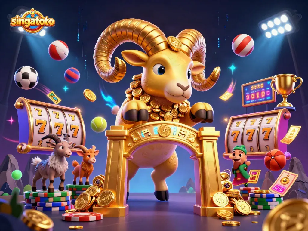 Experience singatoto's vibrant world with a golden ram charging through a casino-themed celebration.