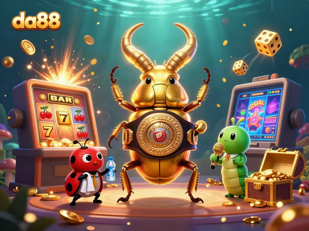 Engage in the excitement with da88's vibrant casino scene featuring a golden stag beetle boxing champion.