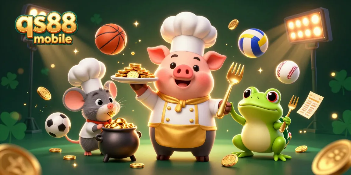 Experience the thrill with qs88 mobile as a cartoon chef serves golden coins in a dazzling casino scene.