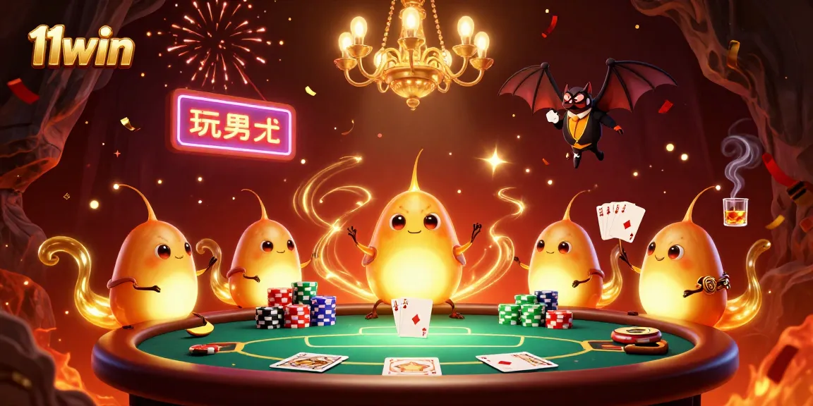 Join the glowworms in a vibrant 11win casino scene with poker and neon lighting.