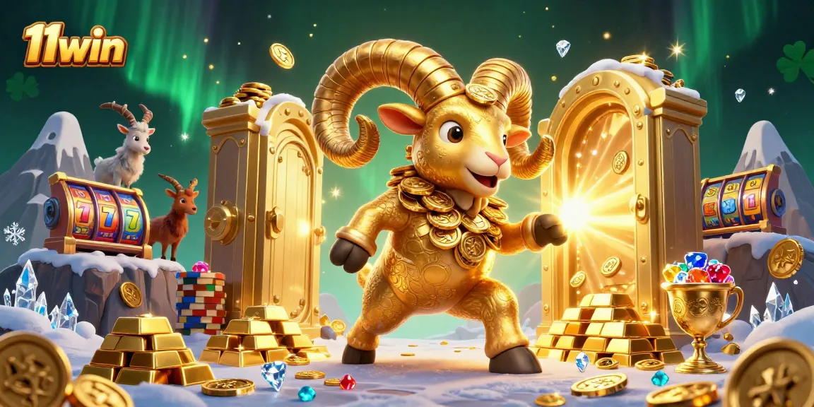 11win showcases a vibrant casino scene with a golden ram charging through treasures and slot elements.