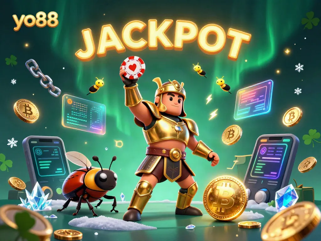 Experience the excitement of yo88 with a cartoon beetle triumphant in a digital casino world.