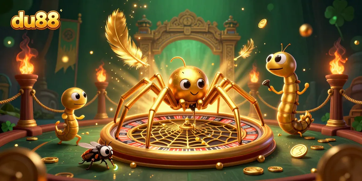 Experience excitement with du88 as a golden spider spins a roulette wheel web in a vibrant casino setting.