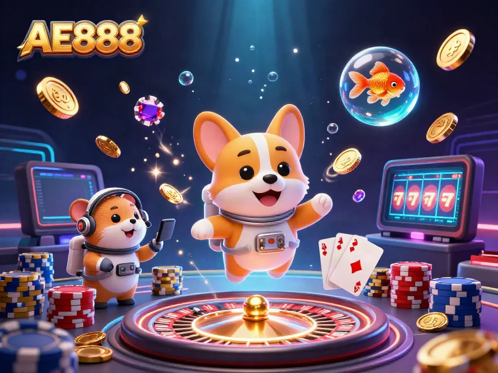 Experience the excitement of AE888 casino with a floating corgi and dazzling casino elements.