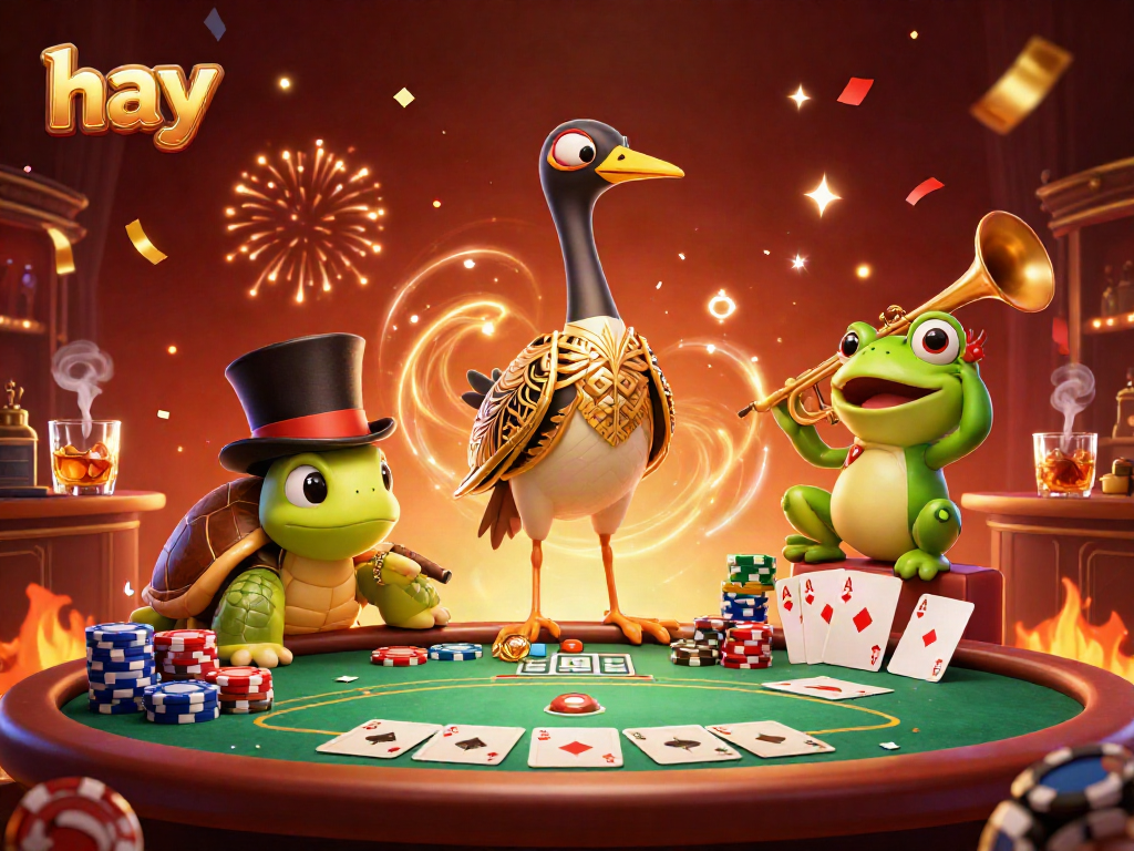 Experience thrilling gaming with hay as the vibrant turtle and crane illuminate a festive casino scene.
