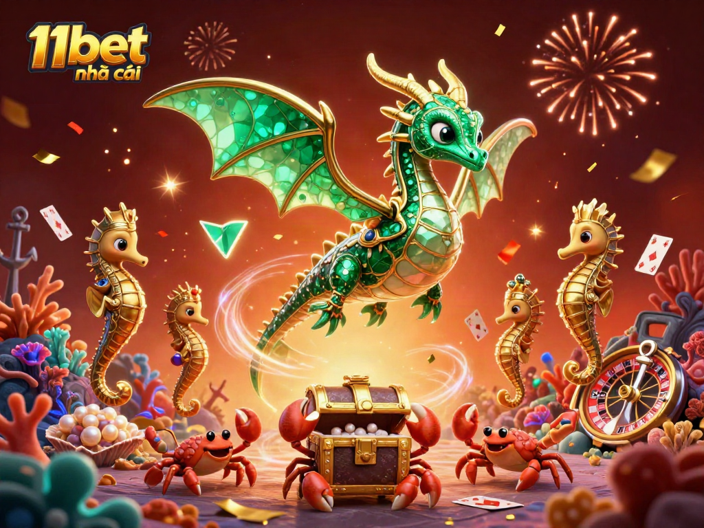 Engage in thrilling gambling adventures with 11bet nhà cái, featuring an emerald sea dragon and poker elements.