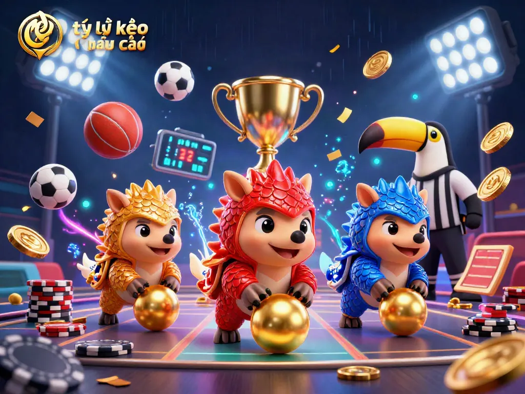 Engaging scene showcasing tỷ lệ kèo nhà cái with 3D pangolins rolling golden balls and sports elements.