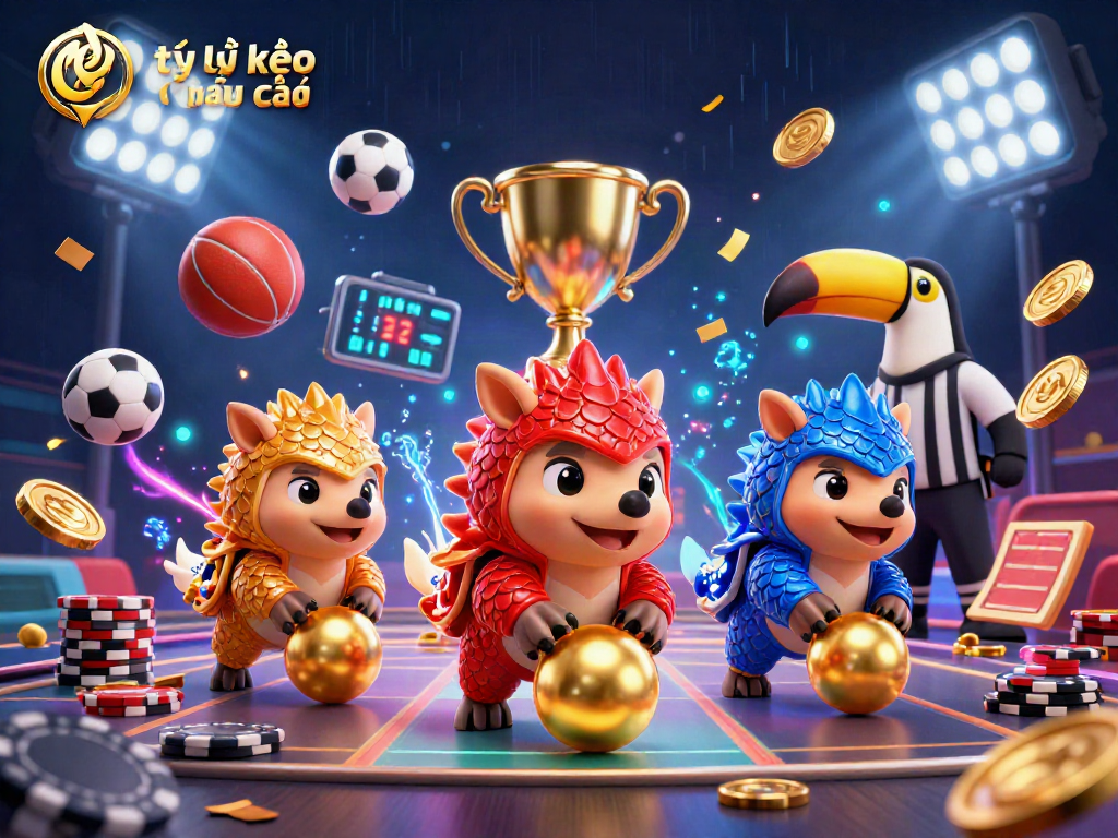 Engaging scene showcasing tỷ lệ kèo nhà cái with 3D pangolins rolling golden balls and sports elements.