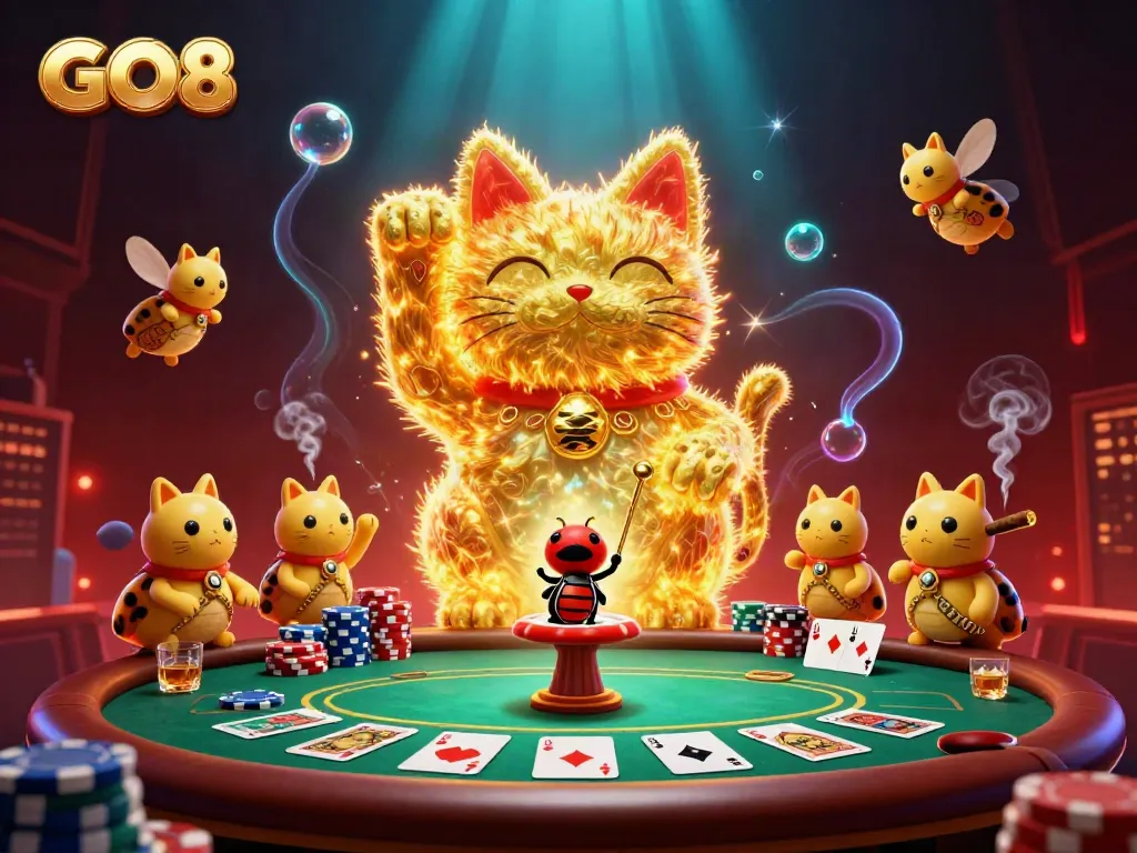 Experience the vibrant GO8 casino scene with a lucky cat and dynamic poker elements.