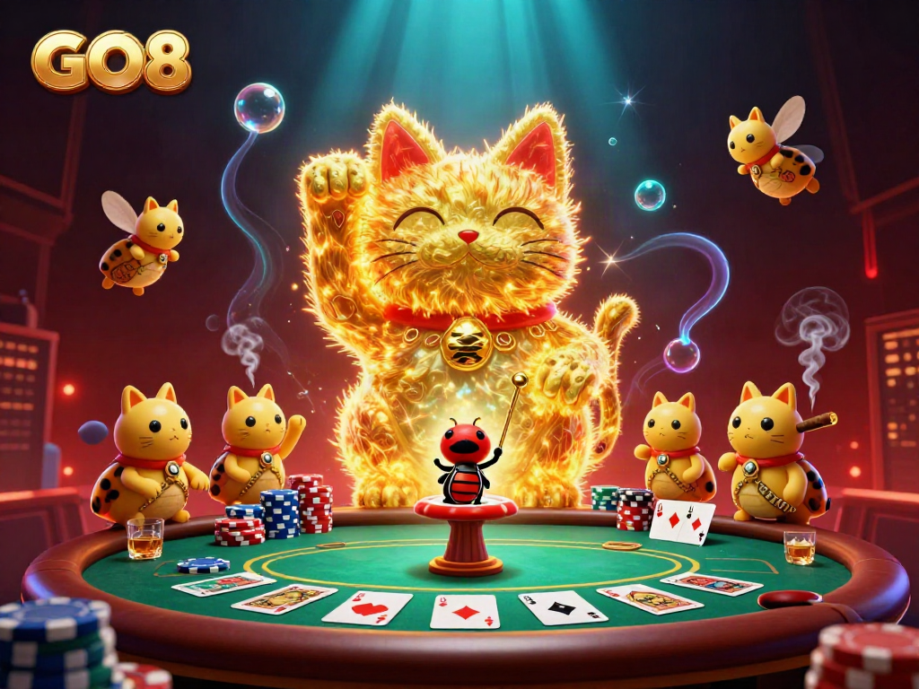 Experience the vibrant GO8 casino scene with a lucky cat and dynamic poker elements.
