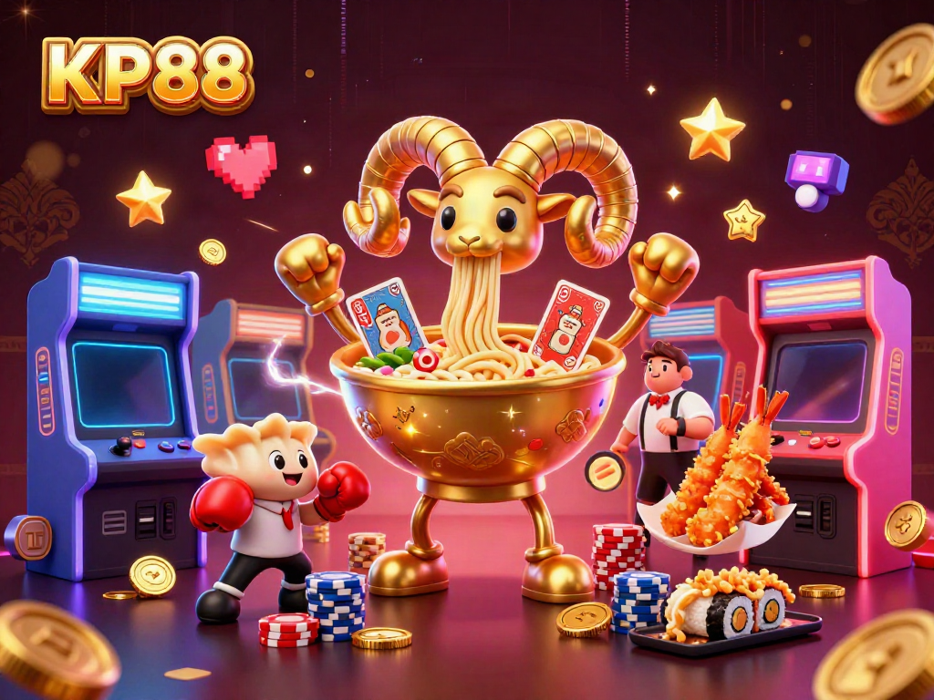 KP88 casino scene featuring cartoon ramen bowl dealer and vibrant gaming elements.