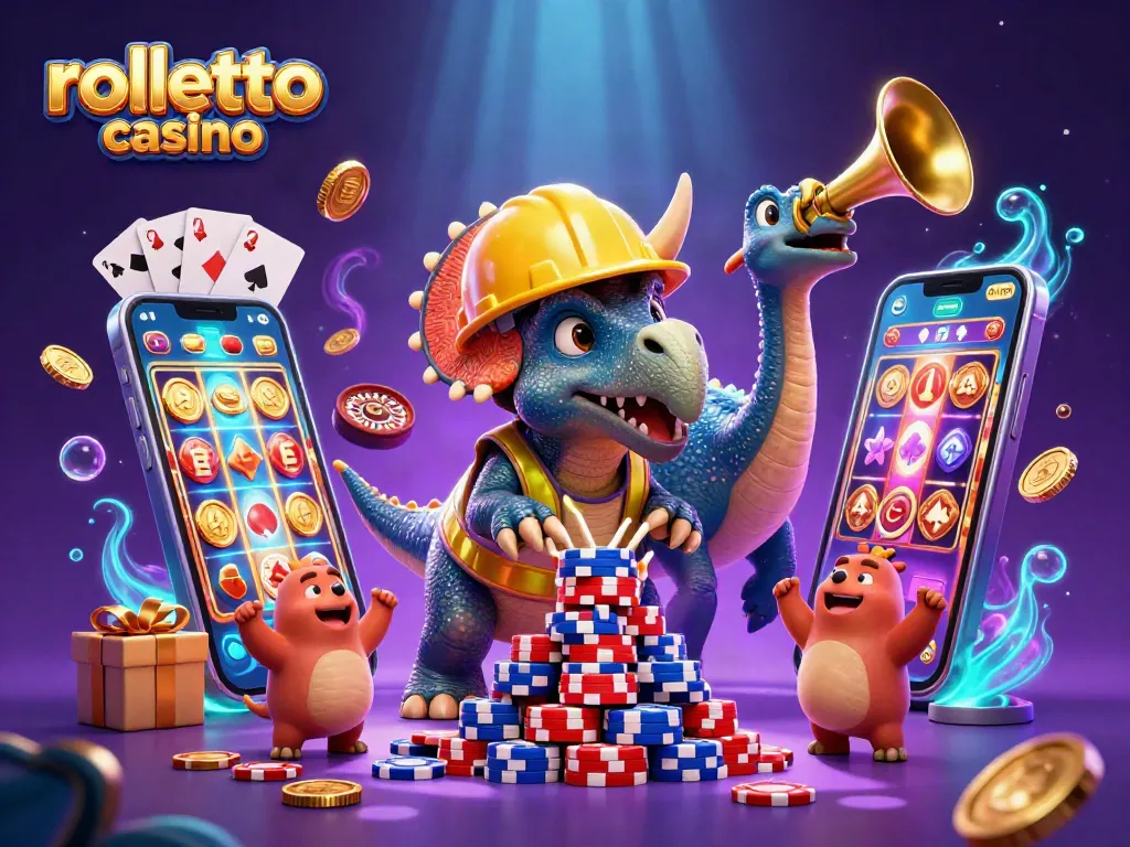 Join the fun at Rolletto Casino with a vibrant 3D scene showcasing games, excitement, and celebration.