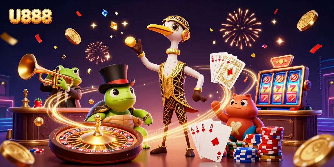Experience thrill at U888 with golden coins, vibrant characters, and casino action in this dynamic scene.