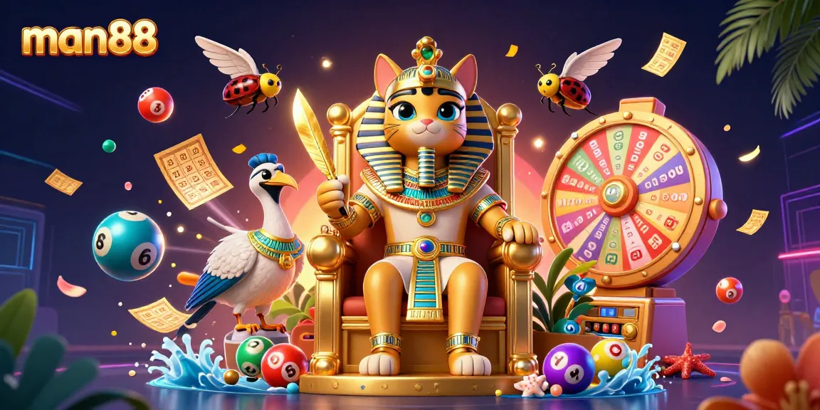 Experience the excitement of man88 with vibrant lottery elements and lively characters in casino action.