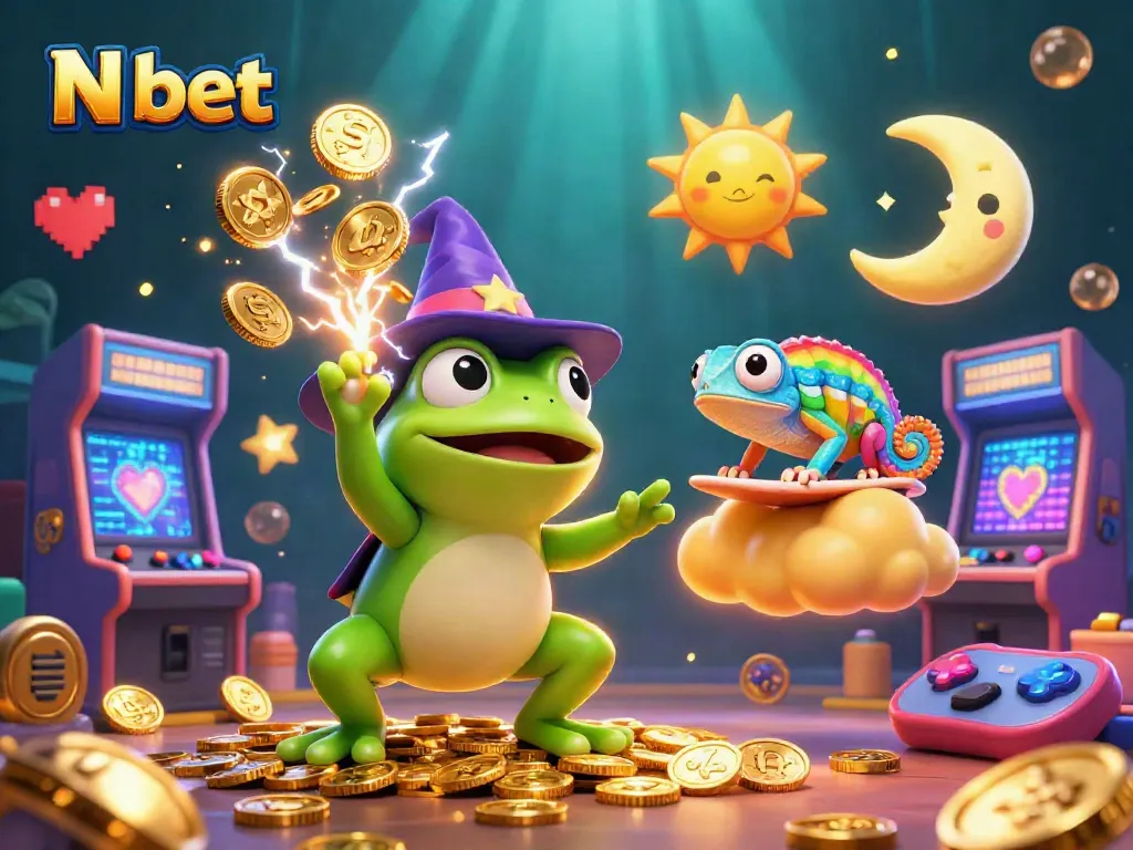 N bet engages players with vibrant 3D illustration of a frog creating a golden coin storm amidst dynamic gaming elements.