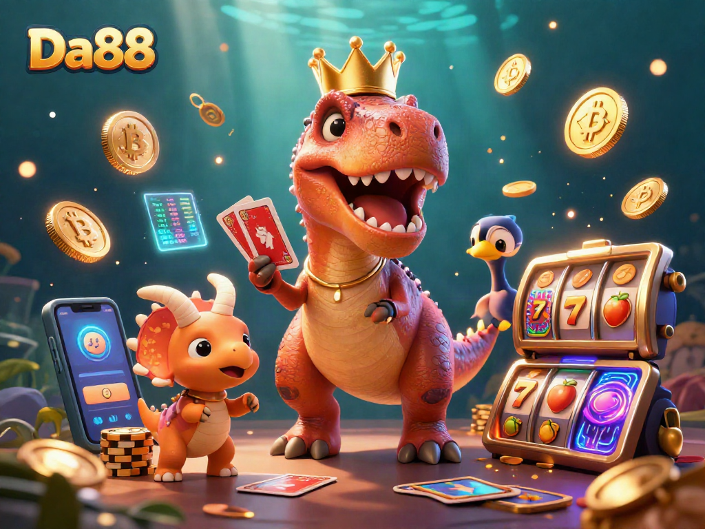 Engage with Da88's thrilling slot games showcased in a vibrant 3D cartoon illustration.