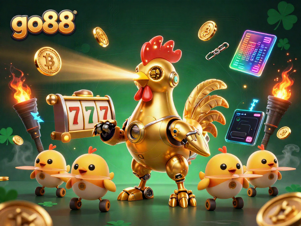 Winning at go88 with a dynamic scene featuring a golden rooster robot and baby chick drones in a casino setup.
