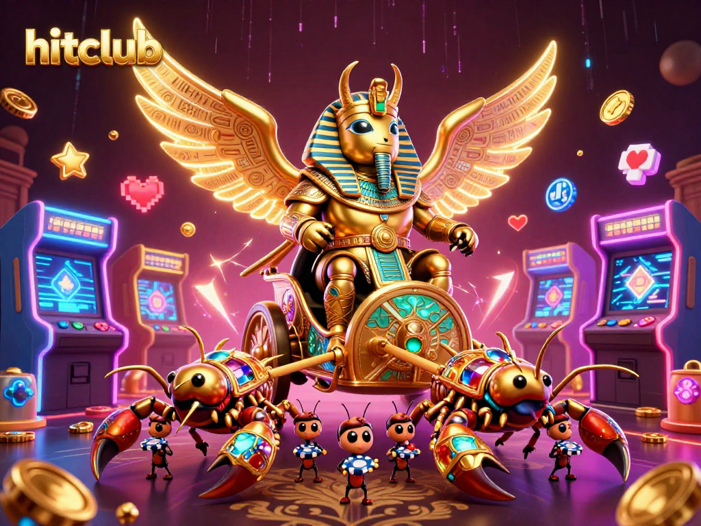 Experience excitement with hitclub - a glorious 3D casino scene featuring a pharaoh's golden beetle and captivating gaming elements.