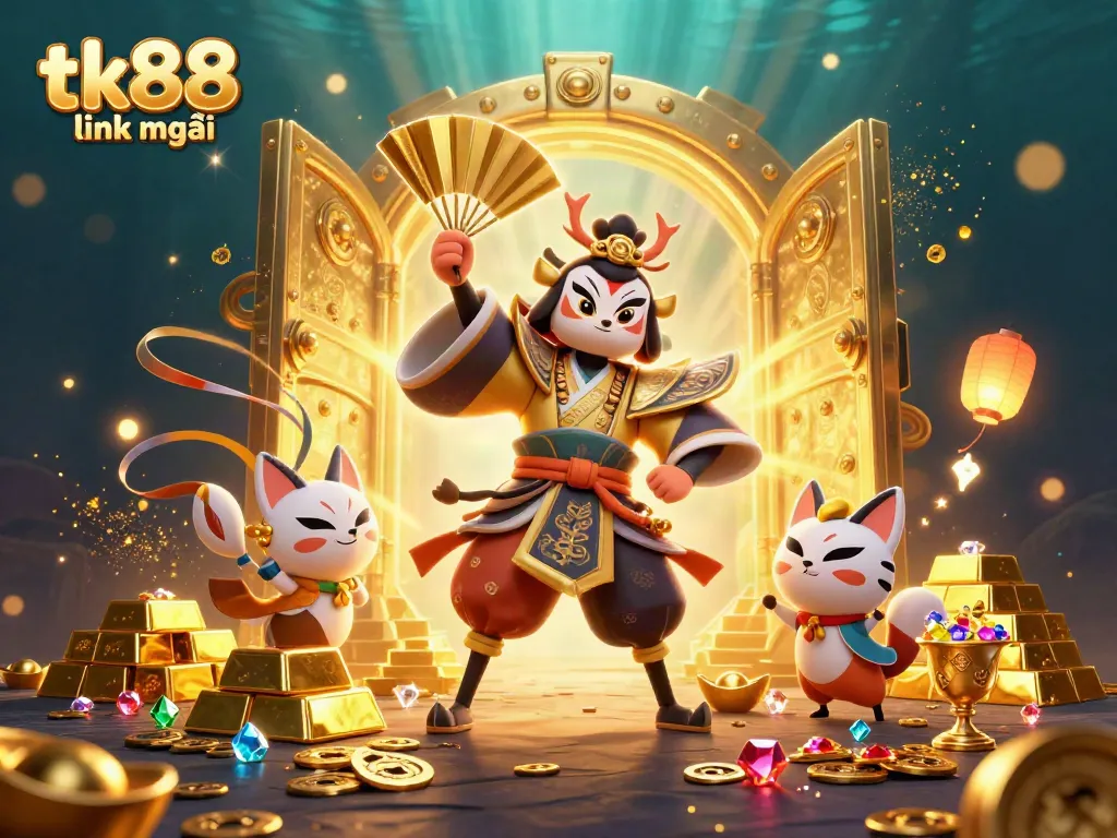 Engage with tk88 link mới in a vibrant online casino scene featuring dynamic 3D characters and rich treasures.