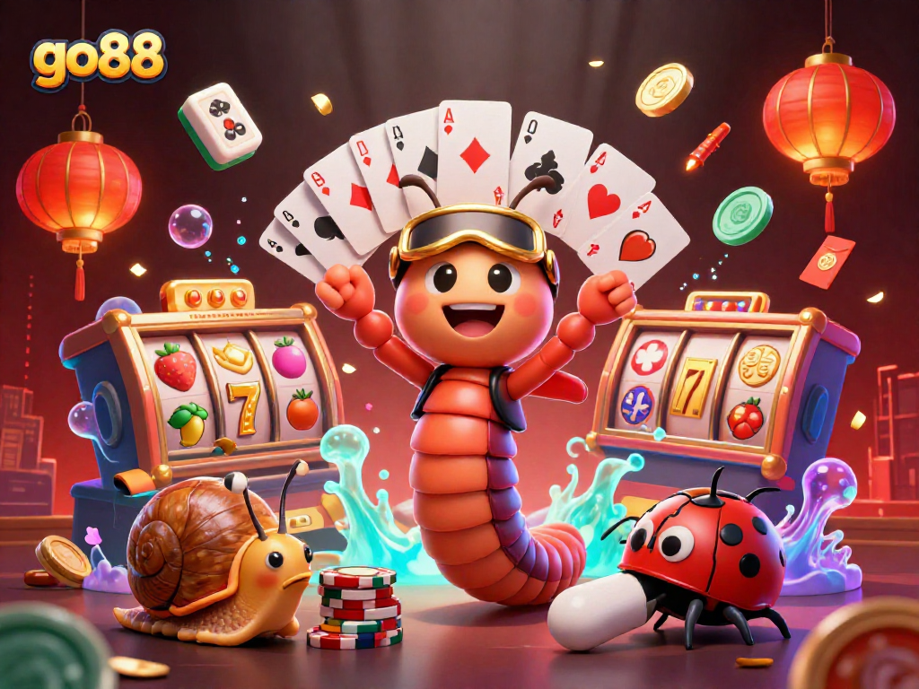 Experience go88's vibrant casino atmosphere with dynamic characters and slot game elements in this 3D illustration.