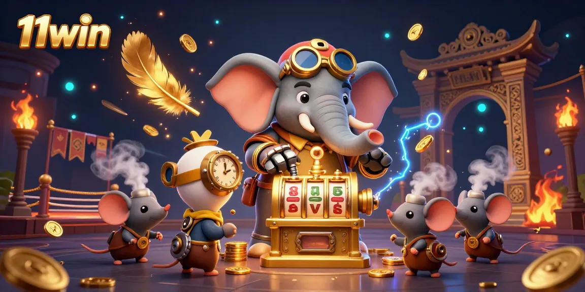 Experience exciting gameplay at 11win with a steampunk elephant and golden slot machine.