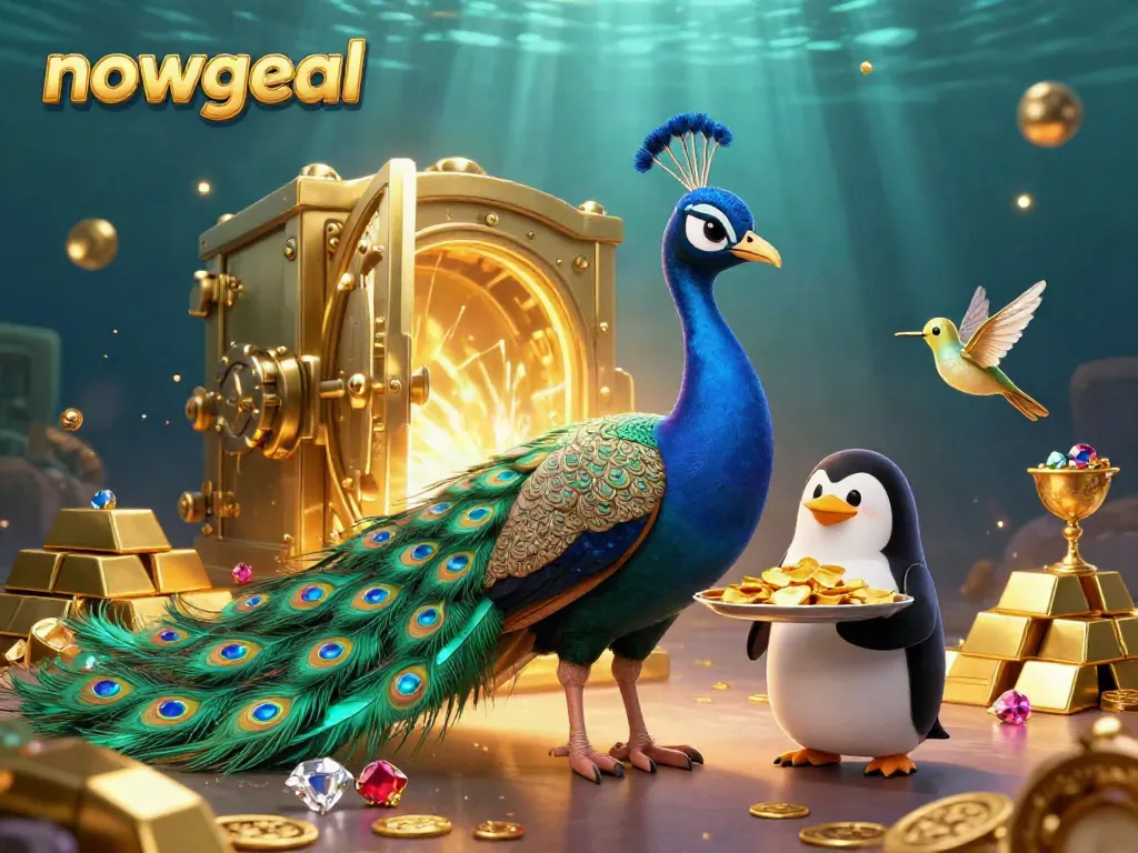 Engage with nowgoal's vibrant gambling world featuring a charming peacock and golden treasures.
