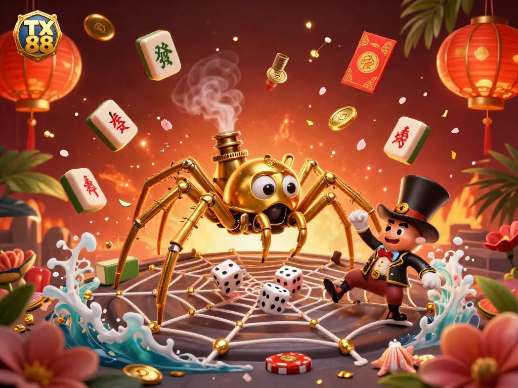 Engage with TX 88's vibrant online casino scene, featuring a golden spider catching unlucky dice.