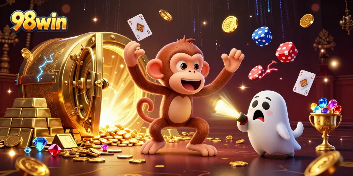 Experience thrilling fun at 98win with a ghostly monkey juggling golden casino treasures.
