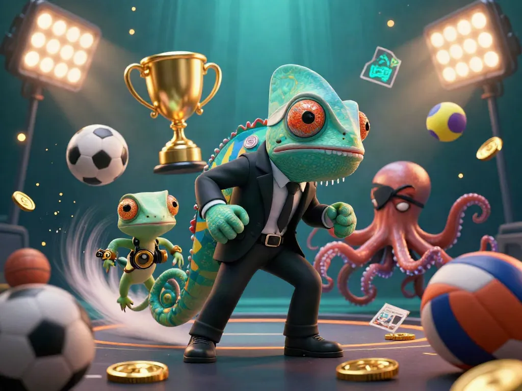 Experience thrilling gameplay with hit-club's vibrant digital casino scene, featuring dynamic characters and floating sports elements.