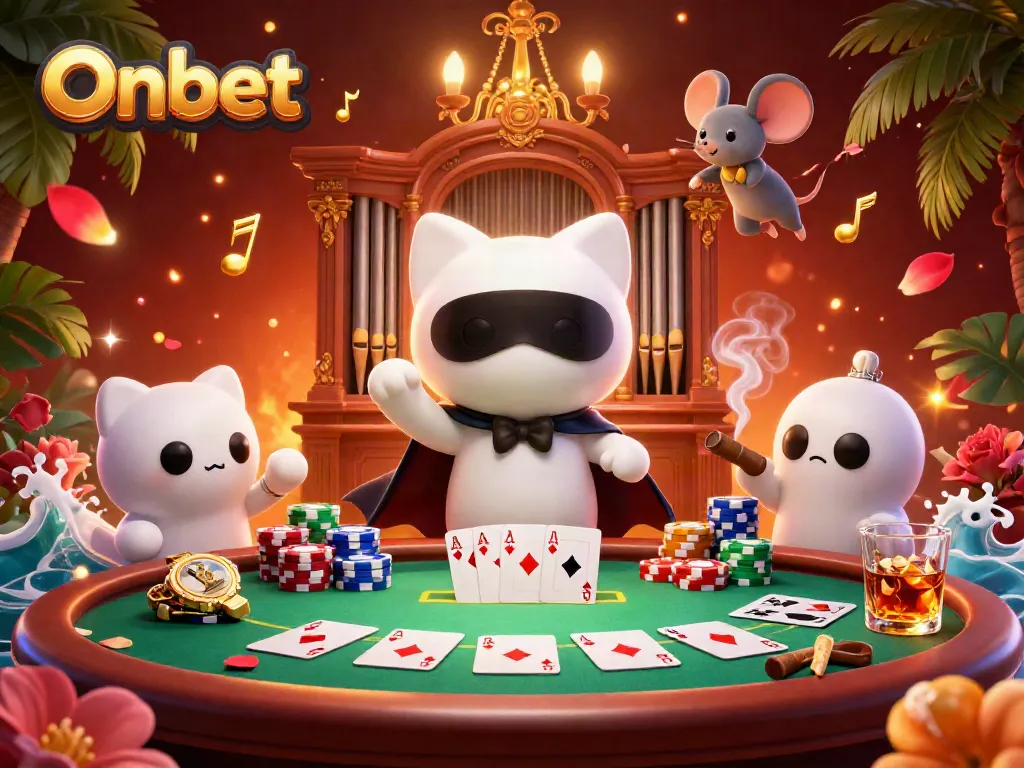 Experience Onbet's vibrant casino atmosphere with a whimsical, 3D illustrated scene featuring a phantom cat and a mouse acrobat.