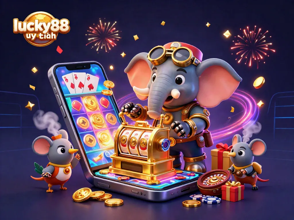 Experience the thrill of lucky88 uy tín with immersive 3D casino scenes featuring fun slot games and vibrant characters.