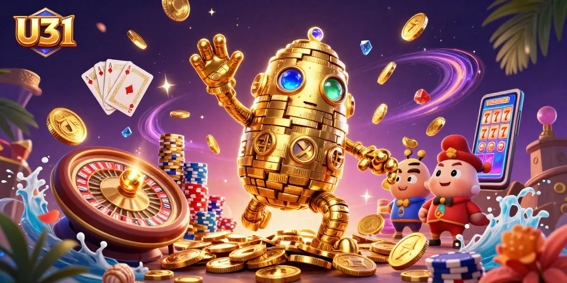 Experience the thrill of winning with U31's golden golem amidst cascading coins and rich casino elements.
