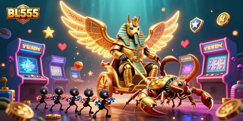 Engage in thrilling gaming experiences at BL555 with vibrant casino elements and iconic characters.