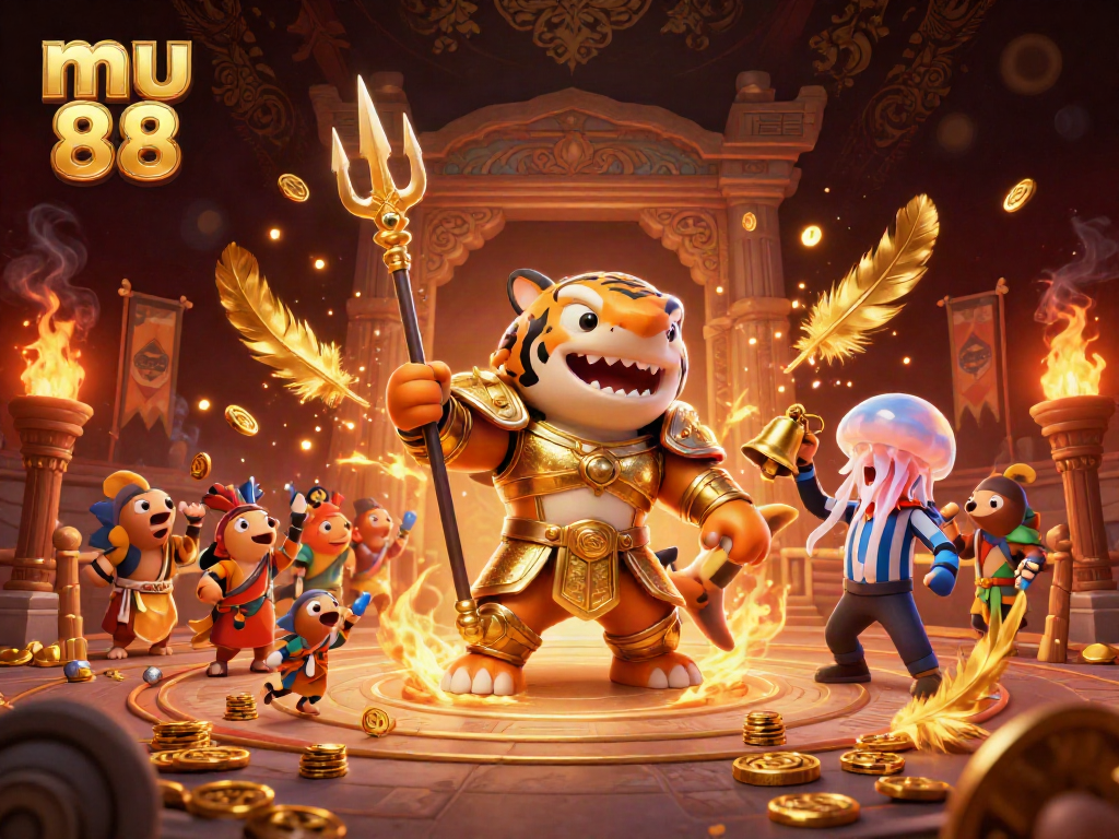 Experience thrilling underwater battles with mu 88's fierce tiger shark gladiator in a vibrant casino arena.