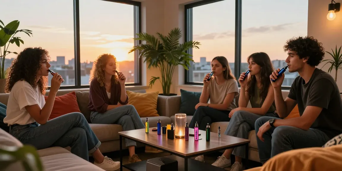 Group enjoying THC vapes in a cozy lounge with sunset view