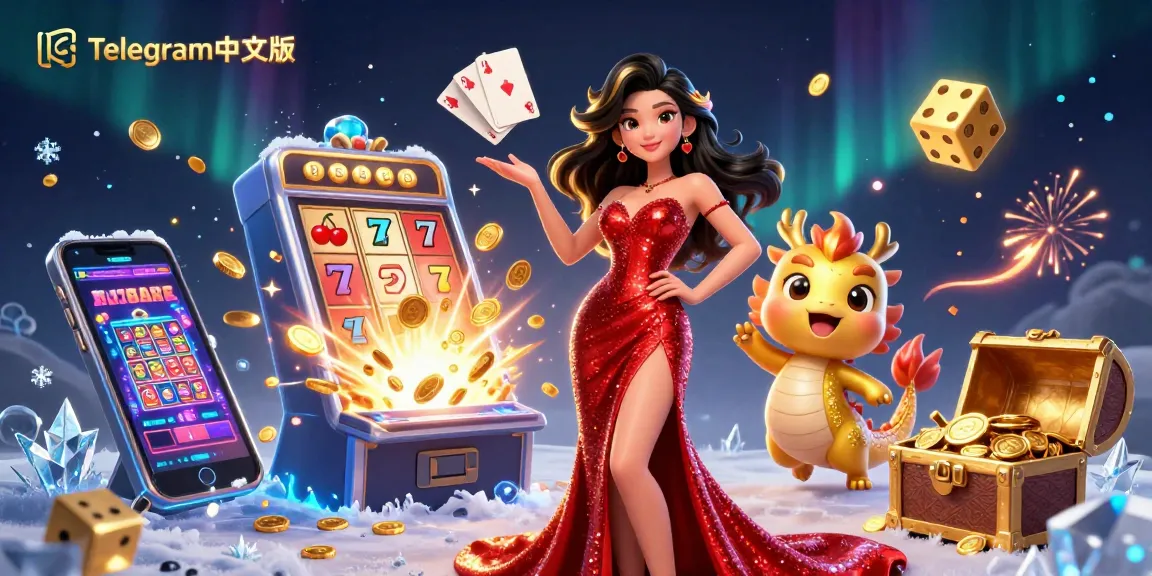 与Telegram中文版互动，展示一位迷人的亚洲女性和动态的赌场元素。