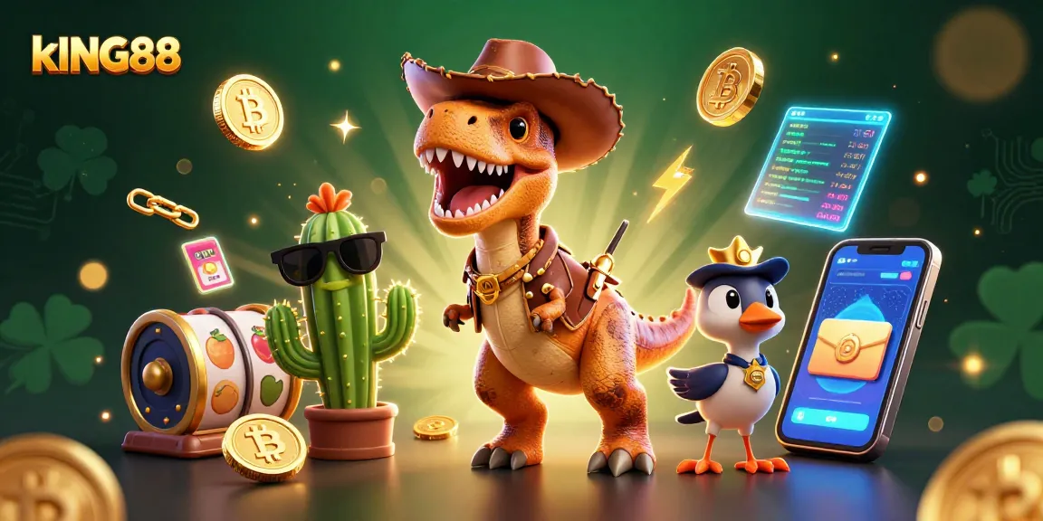 Join kING88 in a dynamic casino adventure with cartoon characters among slot reels and crypto elements.