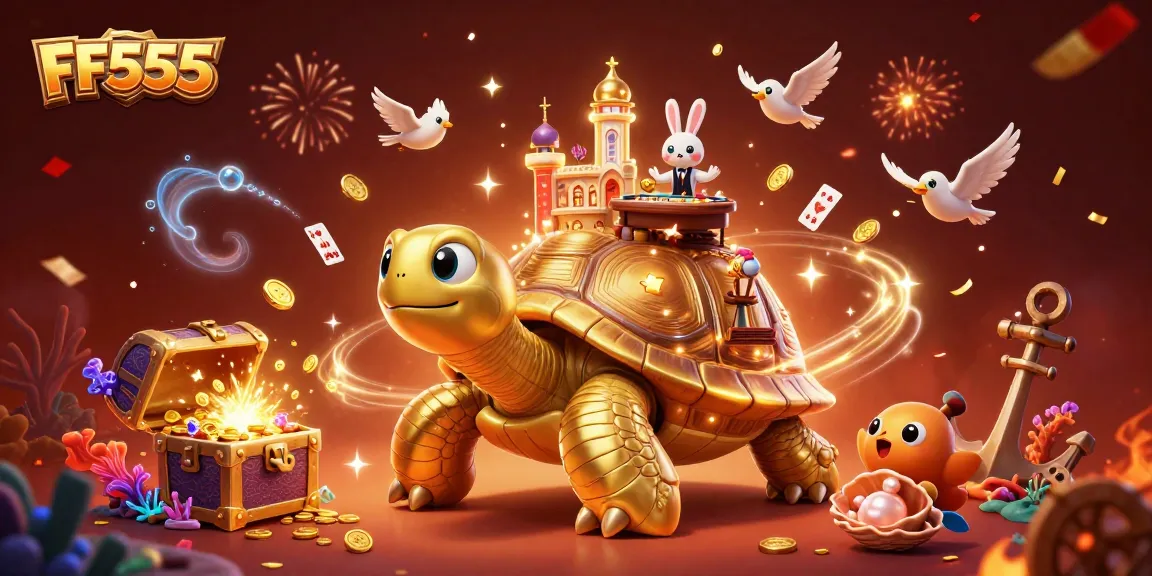 Experience thrilling wins at FF555 Casino with vibrant golden tortoise and rabbit dealer in action.