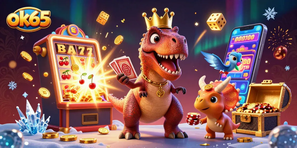 Engage in winning strategies with ok65 in a vibrant casino scene featuring T-Rex and friends.