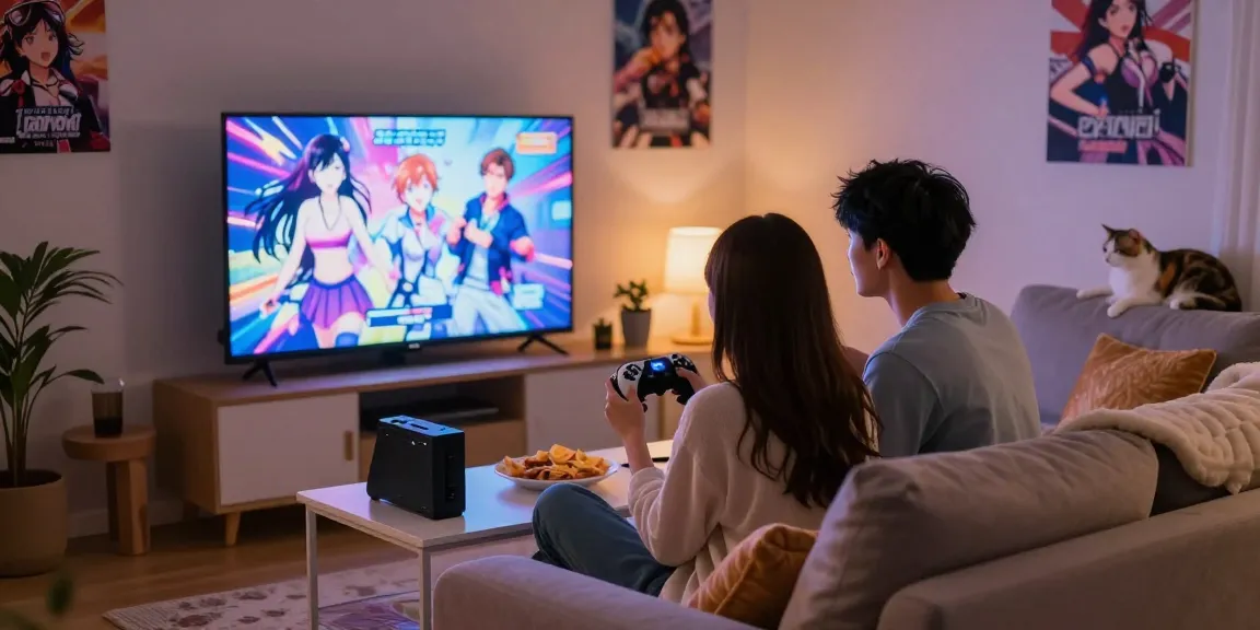 Couple playing a hentai game online in a cozy, intimate setting, enjoying their gaming experience together.