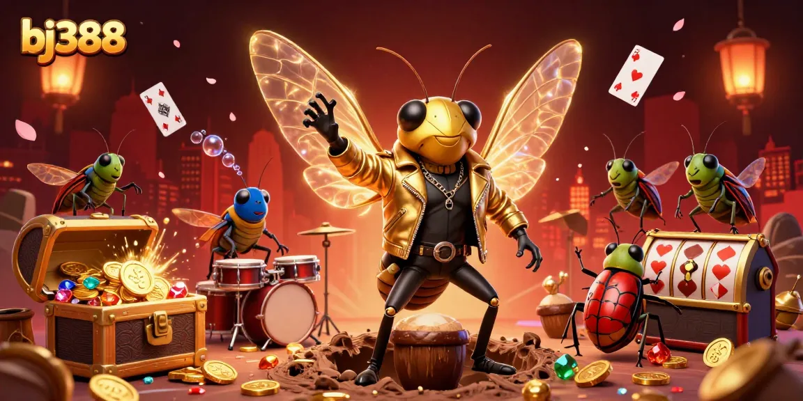 Engage with bj388's vibrant online gaming scene featuring a cicada rock star in a dynamic 3D illustration.