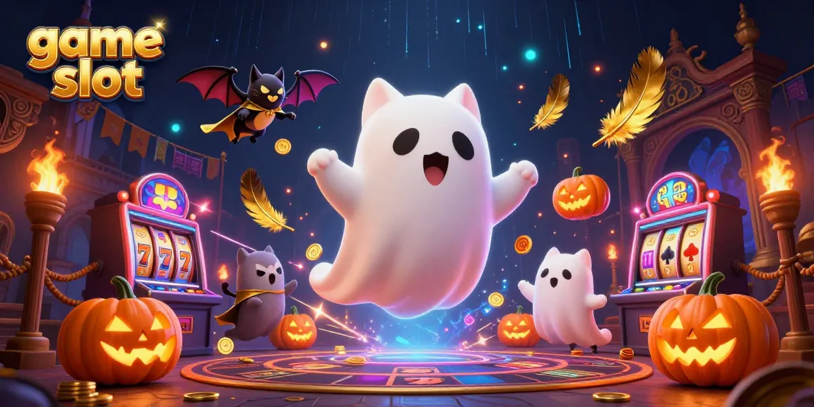 Experience the thrill of game slot excitement in this vibrant 3D illustration, featuring a ghost cat and spooky casino elements.