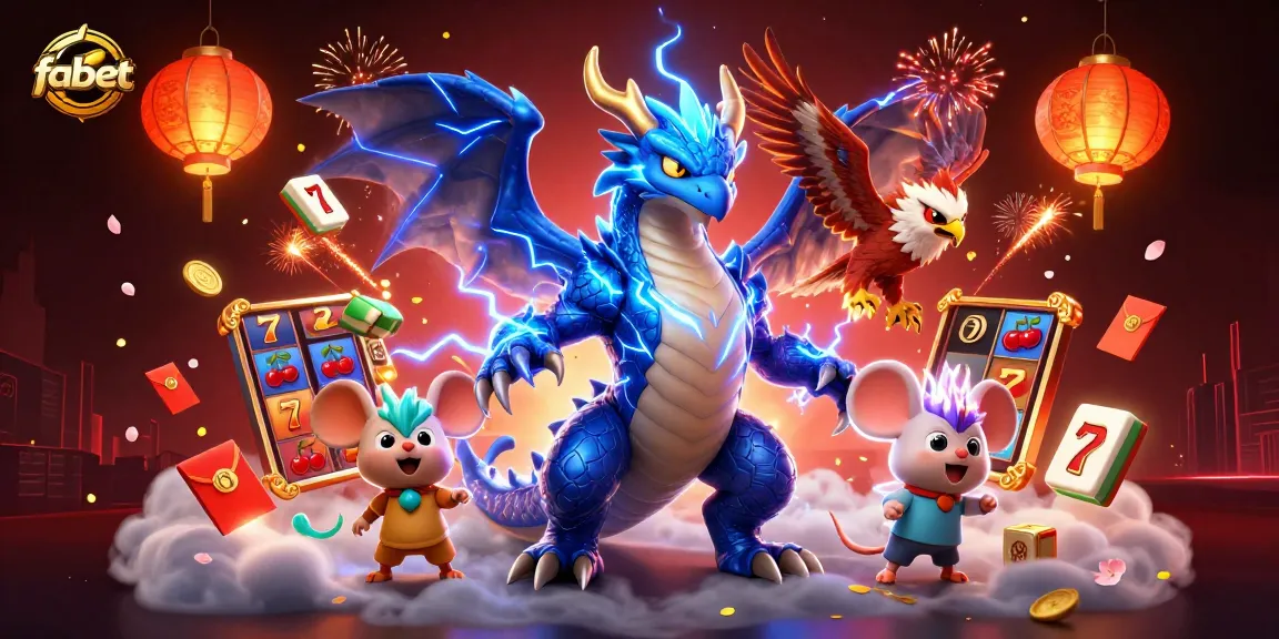 Fabet showcases a vibrant casino scene with a thunder dragon, wind hawk, and rich gaming elements.