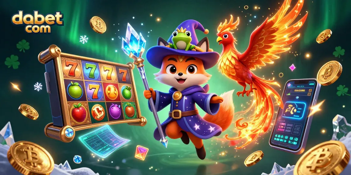 Engage with dabet com at this vibrant slot-themed crypto casino illustration.