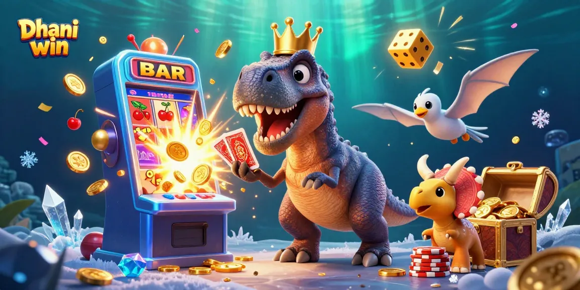 Witness Dhani win as a playful T-Rex struggles with cards while its friends stack chips in this vibrant casino scene.