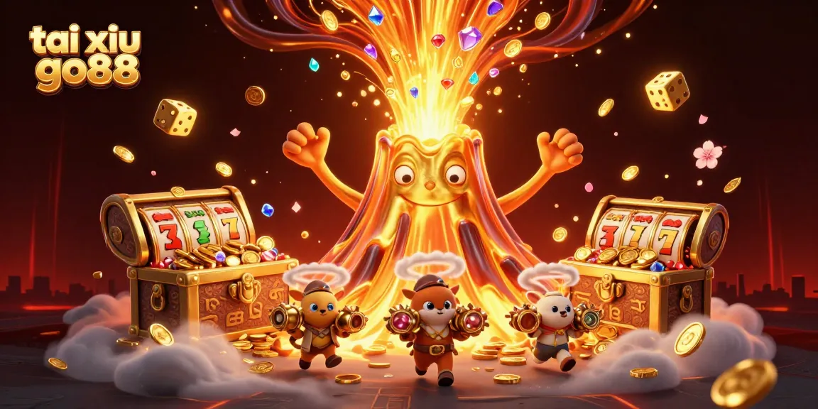 Tai xiu go88 reveals treasure in a vibrant casino setting, showcasing lucky symbols and gold coin eruptions.